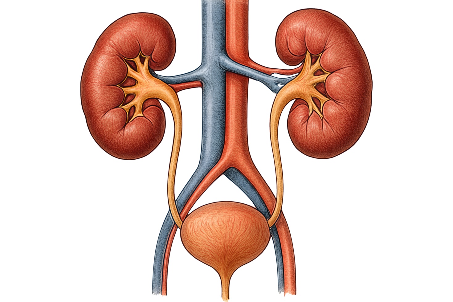 Anatomical illustration shows human kidneys, ureters, and bladder, rendered on transparent background png