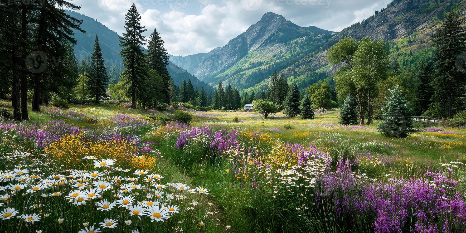 Breathtaking summer landscape with wildflowers and mountains in the background under a cloudy sky photo