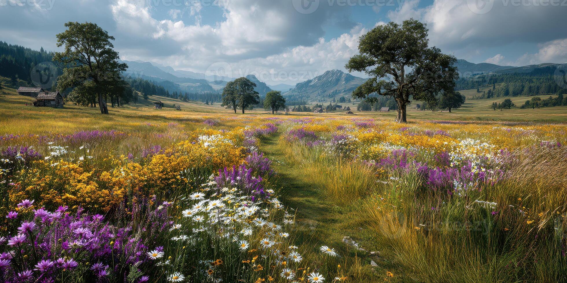 Vibrant wildflower meadow in a scenic valley under cloudy skies during early afternoon photo