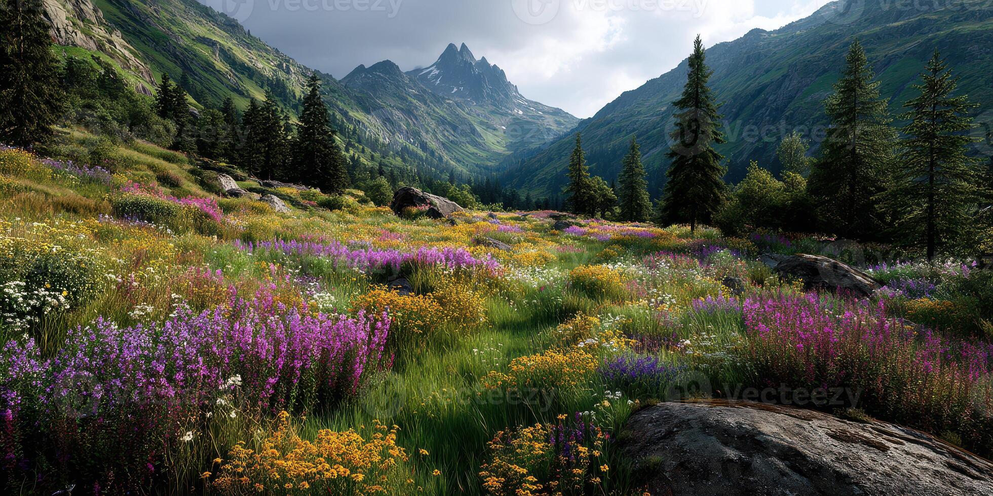 Colorful wildflower meadow with mountains and pine trees under cloudy skies in a national park during summer photo