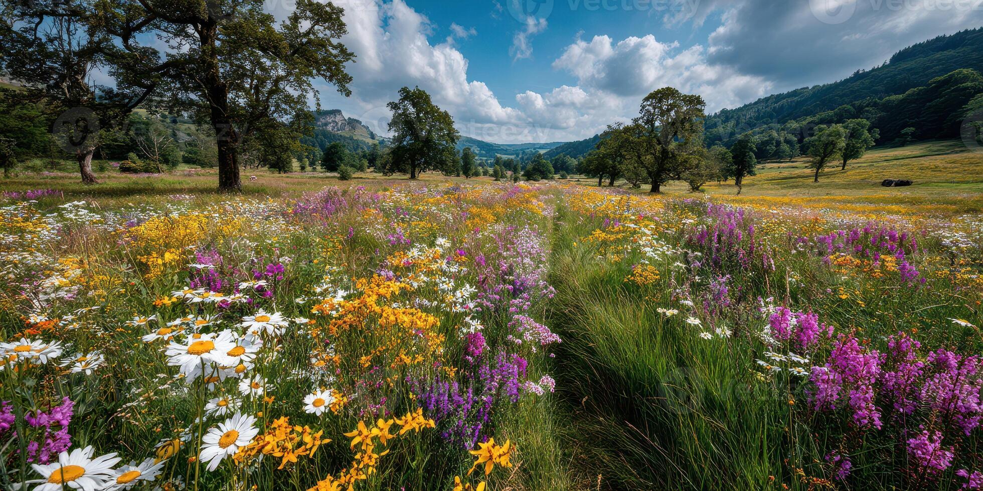 Beautiful wildflower meadow in vibrant bloom during daytime in a scenic valley photo