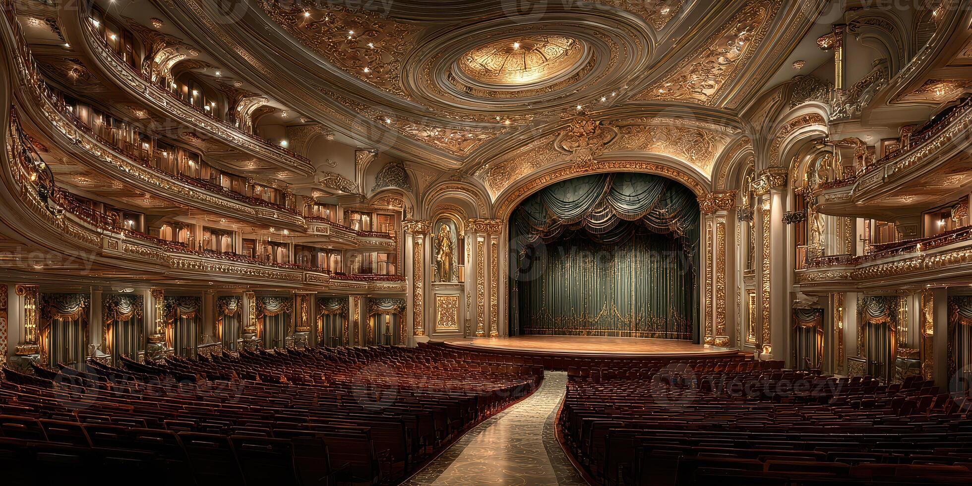 Grand theater interior showcasing lavish decor with ornate details and empty seating before a performance begin photo