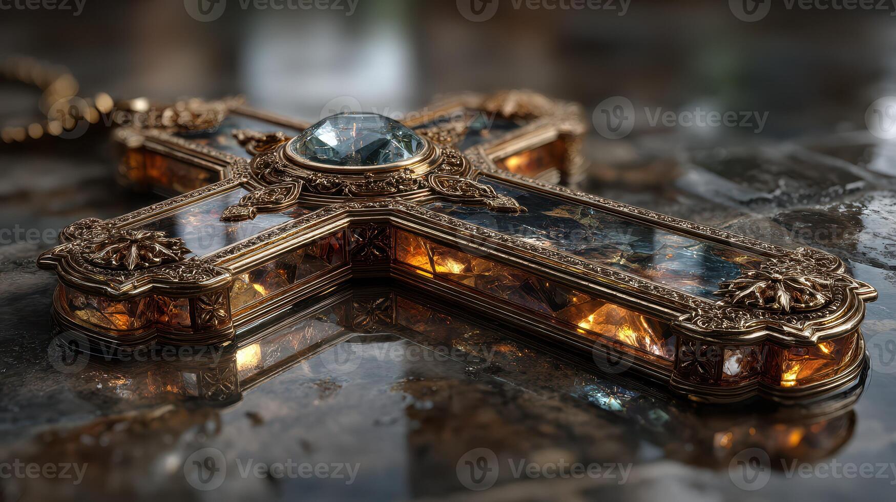 Intricate golden cross pendant with gemstone details resting on a textured surface in soft light photo