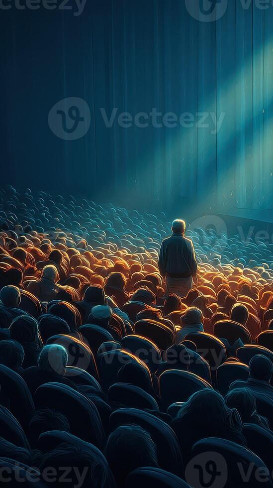 Audience captivated by performer under dramatic stage lighting during a live theater event photo