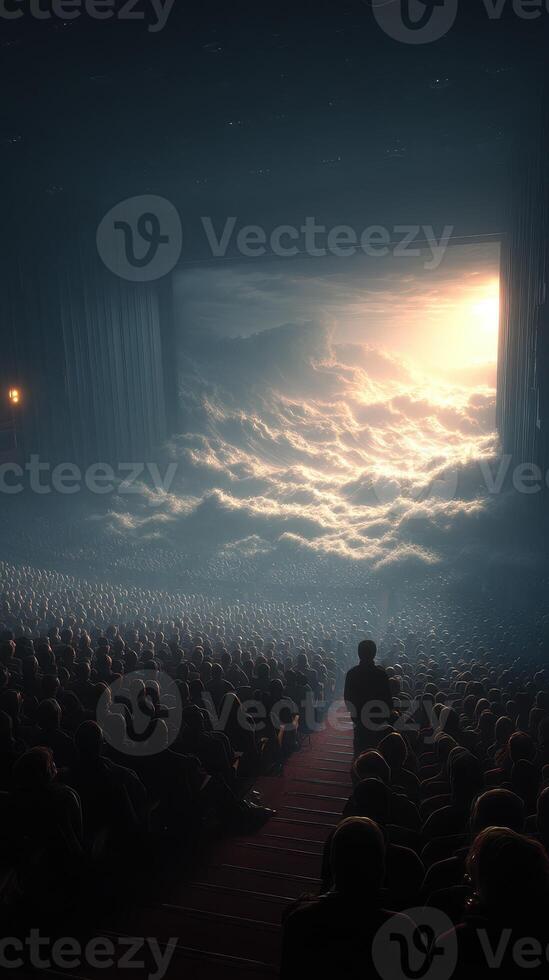 Crowd watches a stunning visual performance with dramatic clouds and light at a theater during evening hours photo