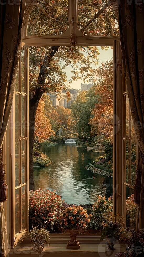 Serene autumn view from a window overlooking a tranquil lake surrounded by colorful trees photo