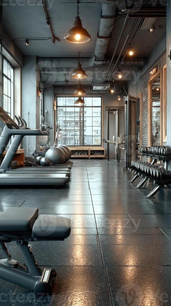 Modern gym interior featuring workout equipment and bright natural light in an urban setting photo
