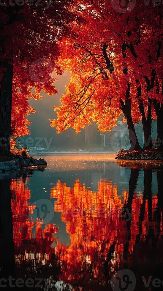 Vibrant autumn trees reflecting on tranquil water at sunrise in a serene park setting photo