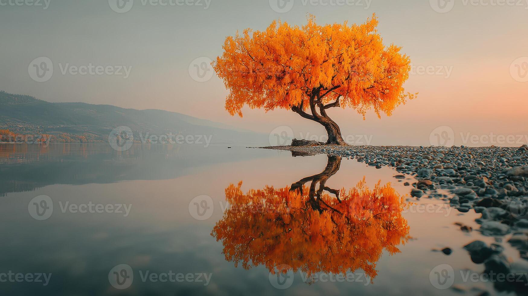 Vibrant orange tree reflecting in still water at dawn by a tranquil lake in autumn photo