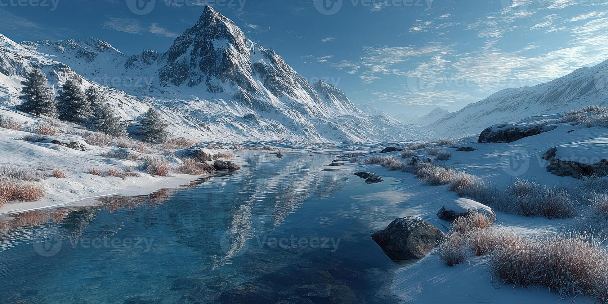 Winter landscape with snow-covered mountains and a calm river reflecting the serene sky at dusk photo