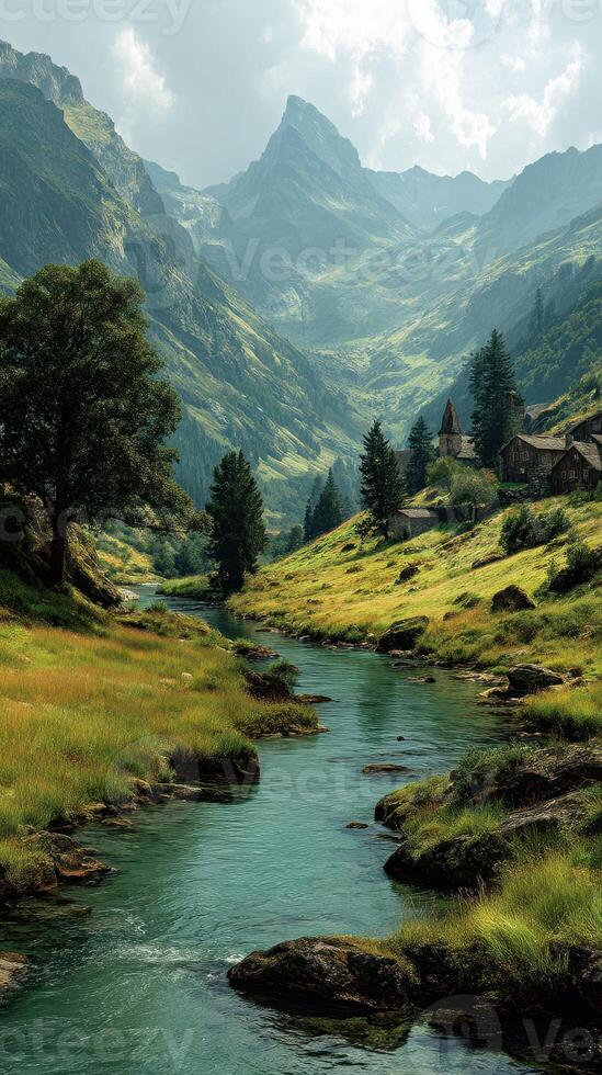Serene mountain valley with a flowing river and rustic buildings under cloudy skies photo
