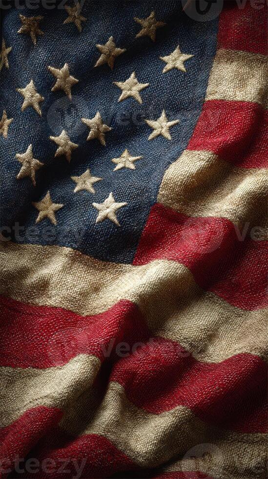 Textured fabric of an American flag draping gracefully with vivid stars and stripes in a warm light photo