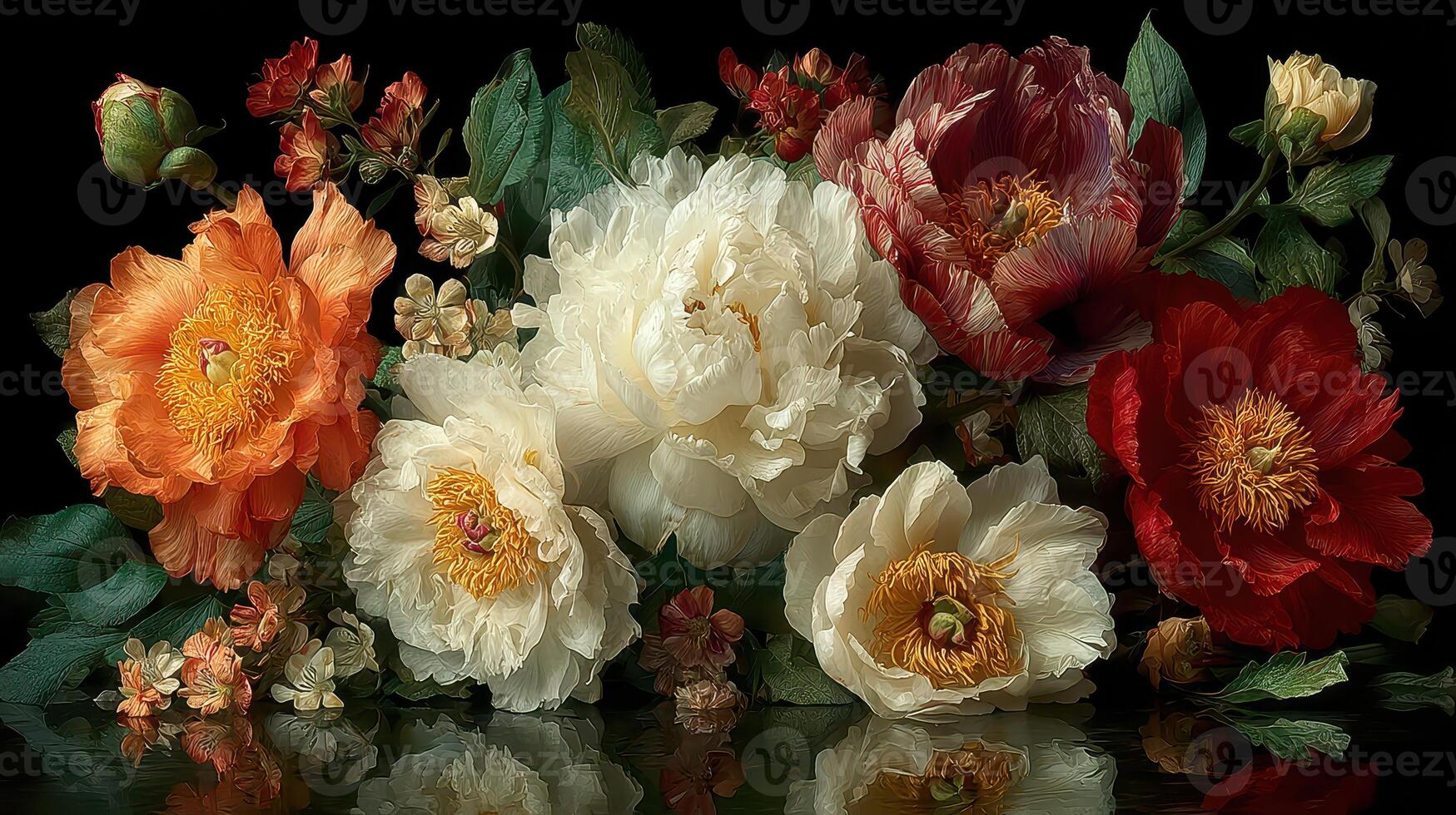 Vibrant collection of peonies and blossoms arranged artistically on a dark surface photo