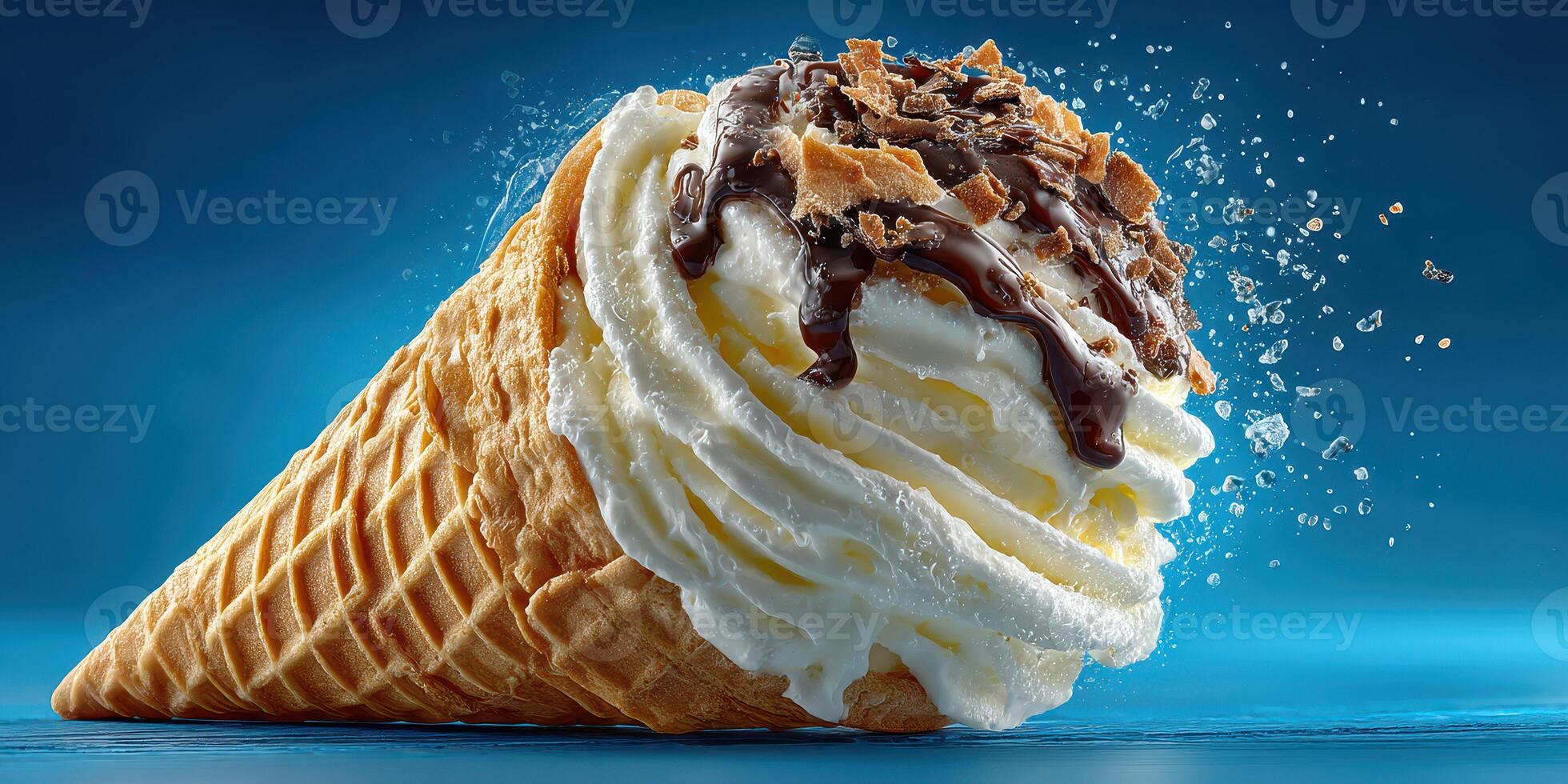 Delicious ice cream cone with chocolate topping and crushed cookies on a bright blue background photo