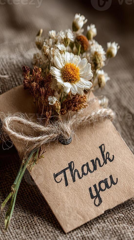 Beautiful thank you note with dried flowers on rustic fabric background photo