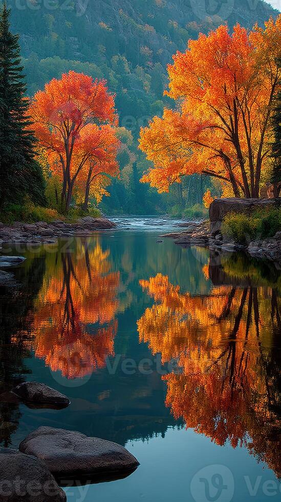 Autumn colors reflect in tranquil river surrounded by vibrant trees near a mountain range photo