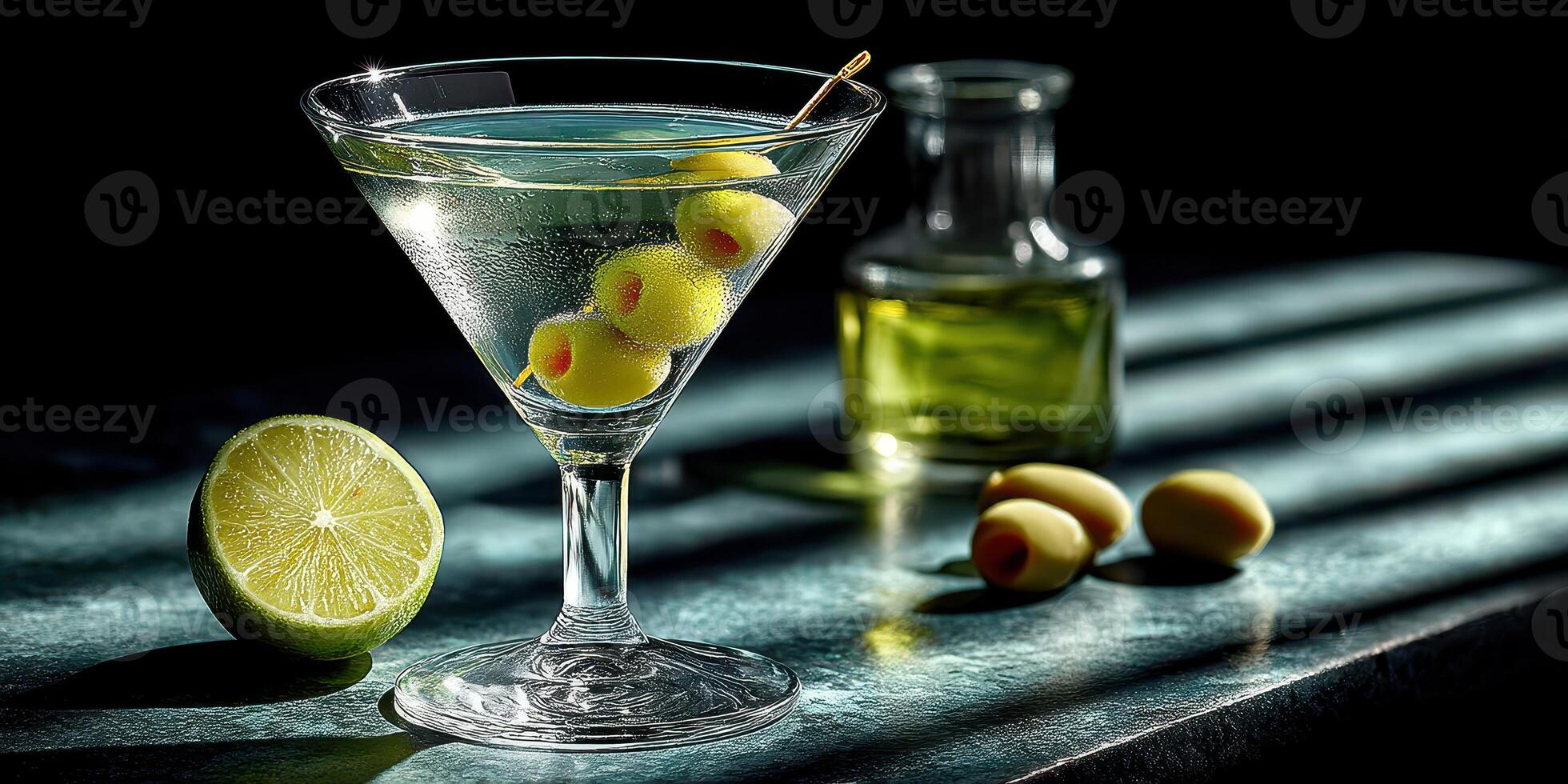 Martini with olives and lime on a dark surface, enhanced by soft shadows and warm lighting in an elegant setting photo