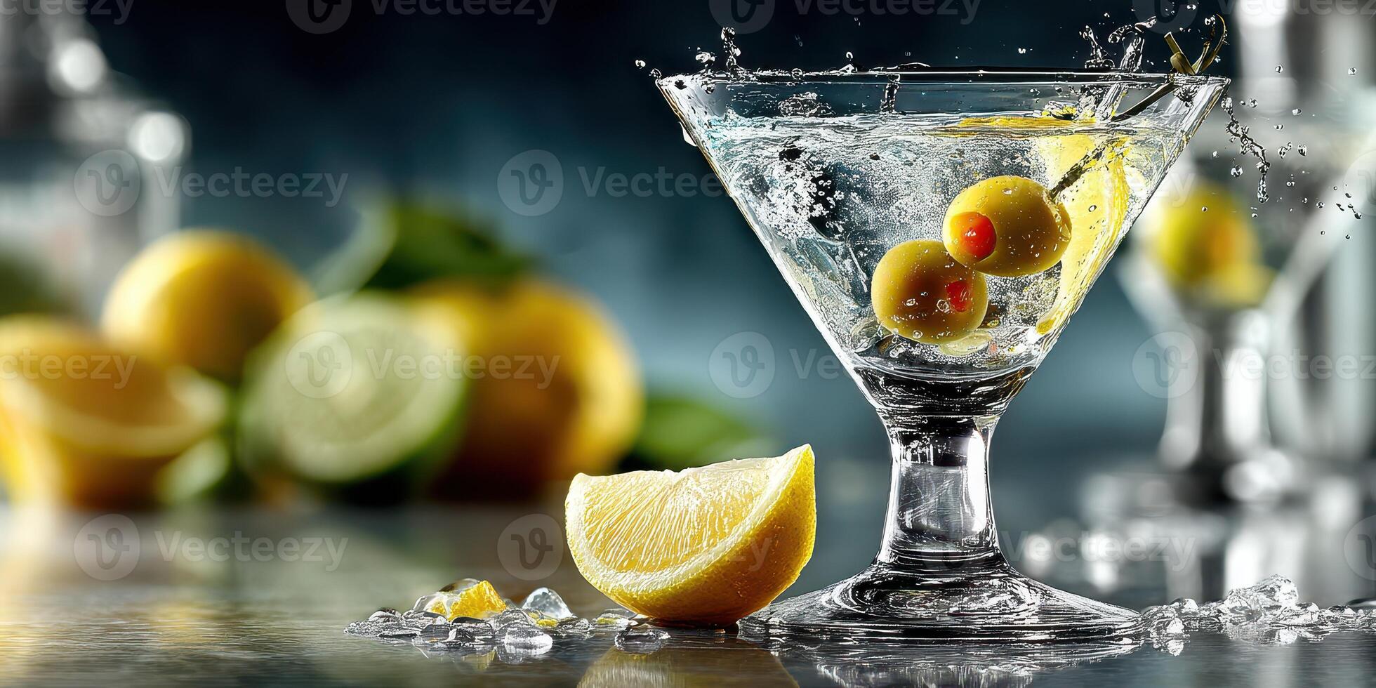 Refreshing cocktail with lemons and olives served in a stylish glass at a lively bar during the evening photo