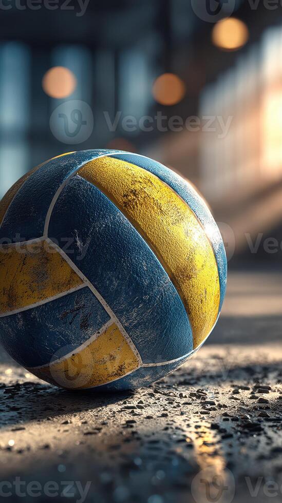 Volleyball resting on a dusty floor with sunlight streaming in during a late afternoon practice session photo