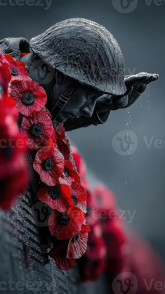Memorial honoring fallen soldiers with red poppies in a solemn tribute setting photo