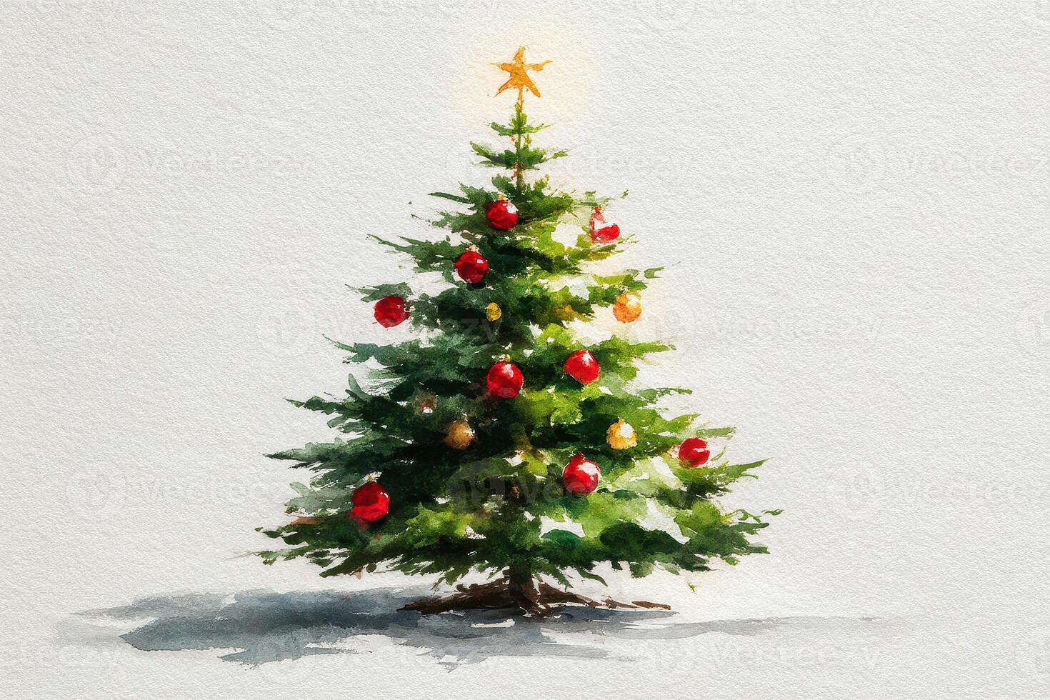 Brightly decorated Christmas tree with ornaments and star standing on a snowy background during the holiday season photo