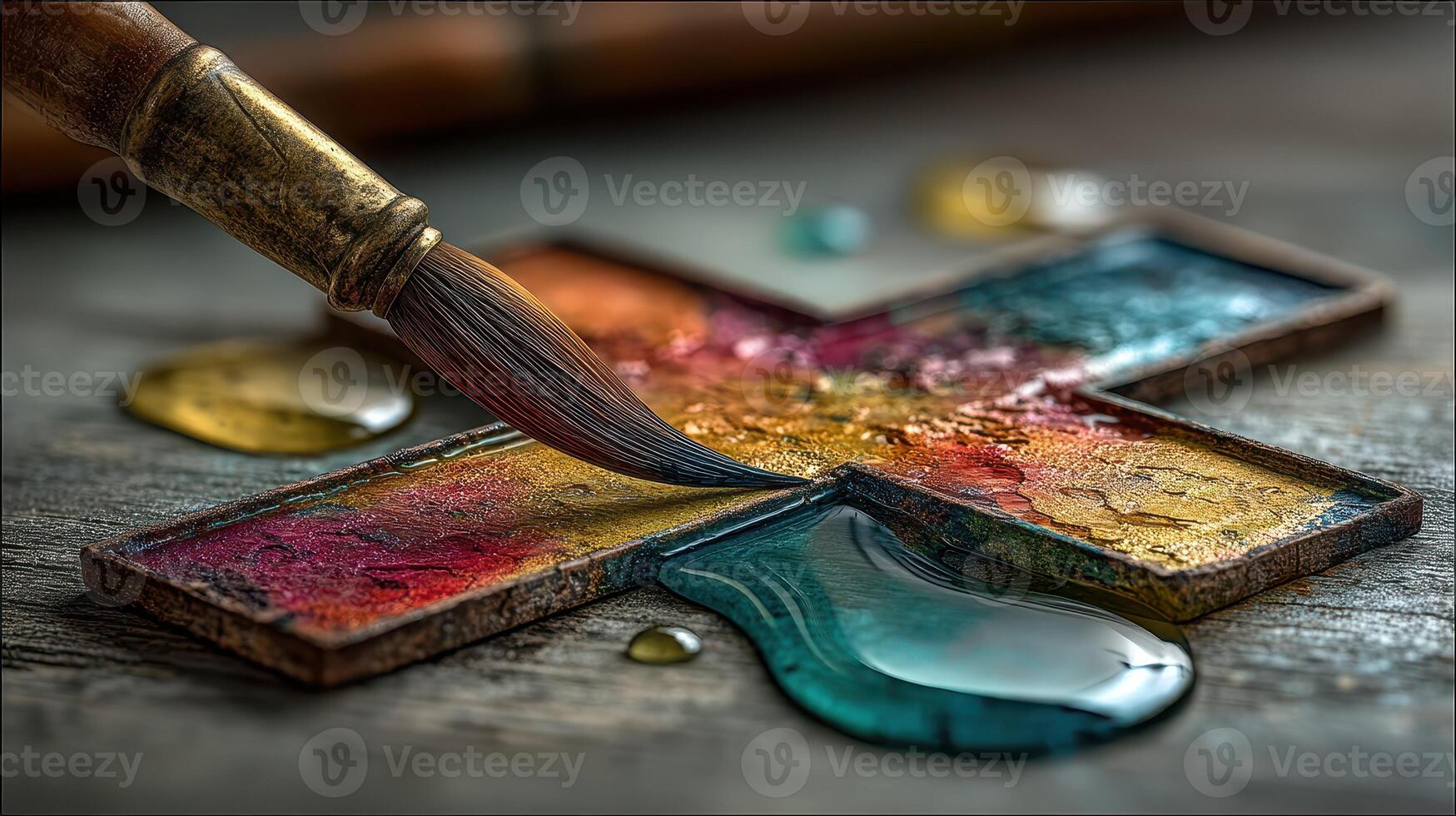 Painting tools and colorful paints on a wooden surface during an artistic project in a creative studio photo
