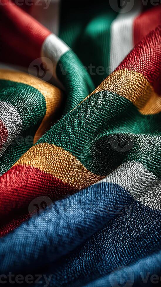 Textured fabric showcasing the vibrant colors of a national flag draped elegantly on a surface in natural light photo
