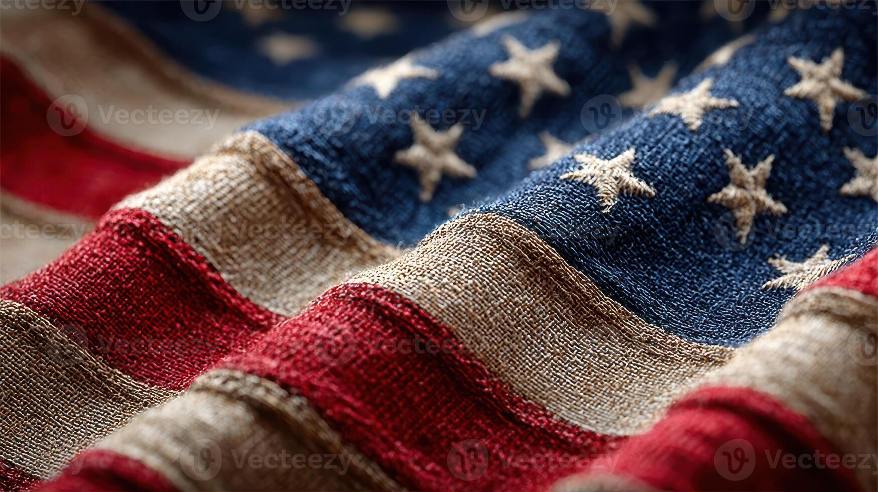 Waving fabric showcasing a detailed texture of the American flag with vivid colors and distinct stitching patterns photo