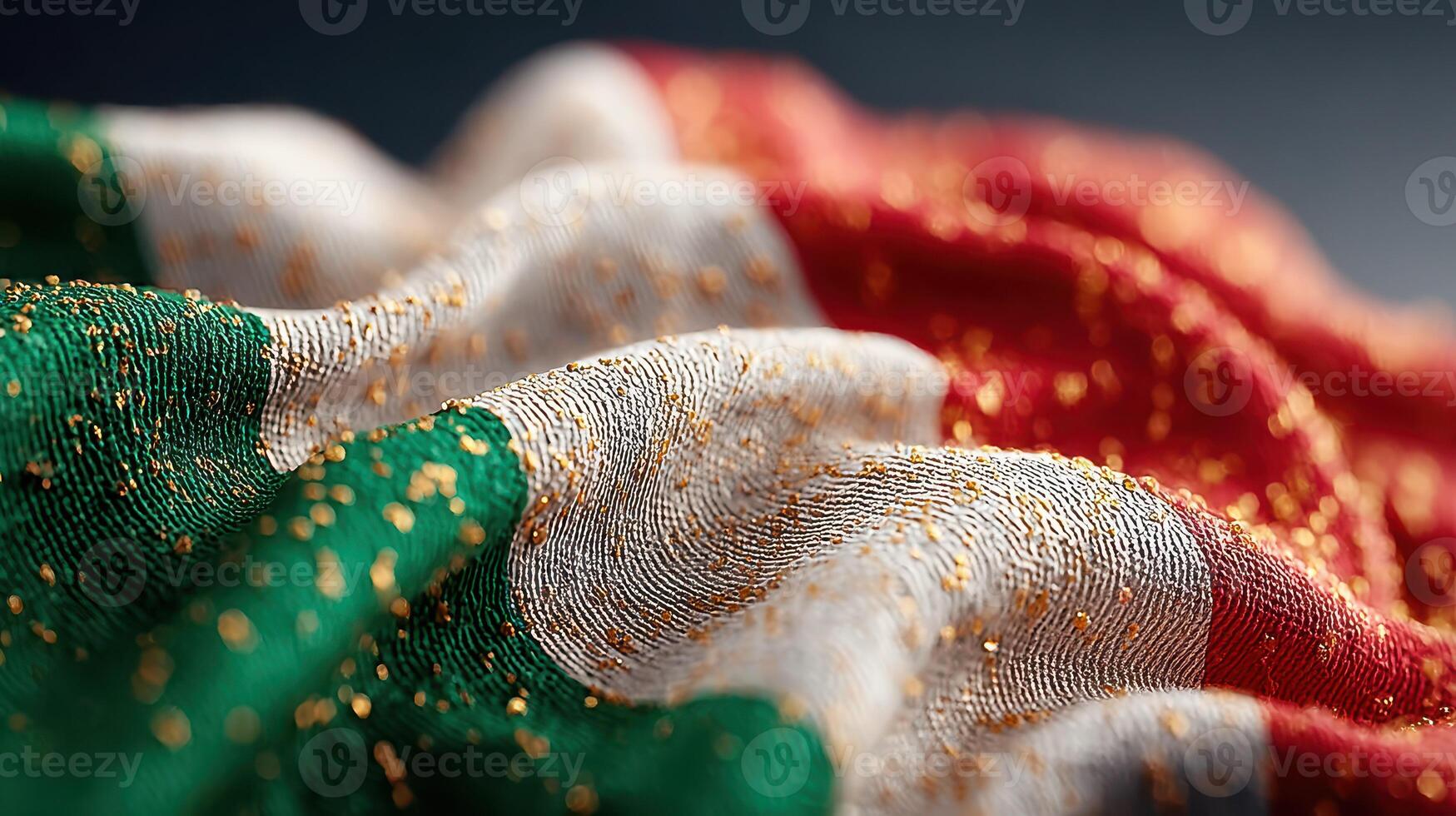 Delicate texture of an embroidered Mexican flag with sparkling details displayed on a dark background photo