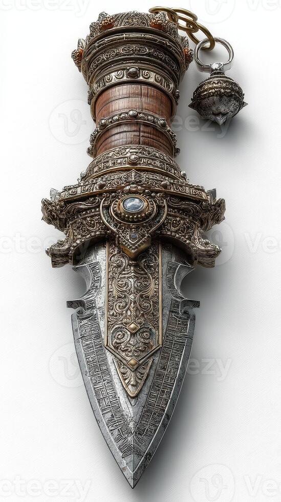 Intricately designed dagger with ornate hilt and decorative ball pendant displayed on a light background photo