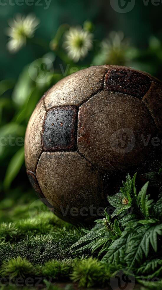 Old soccer ball resting on lush green grass with hints of wildflowers under soft natural light photo