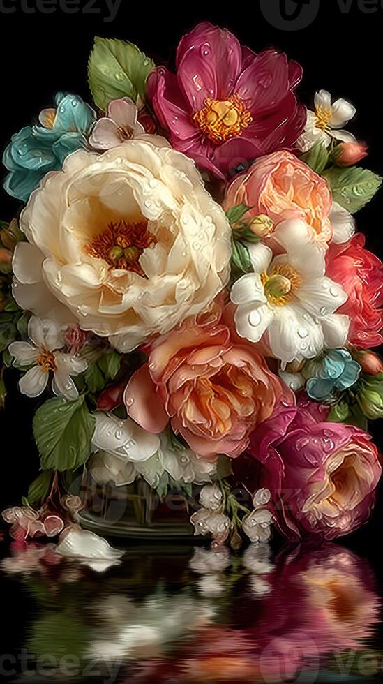Colorful floral arrangement in a glass vase reflecting light during the day photo