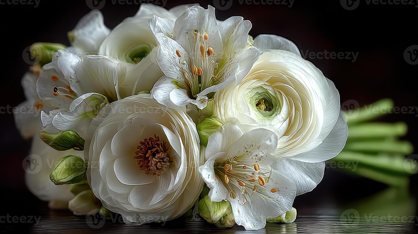 Elegant white floral bouquet featuring roses and ranunculus arranged beautifully on a dark surface for a special occasion photo