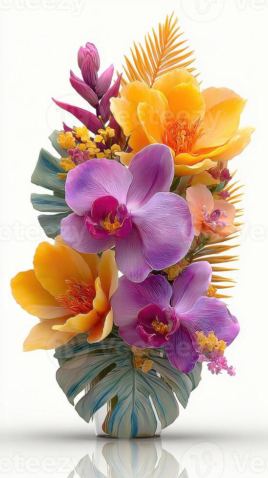 Colorful floral arrangement featuring orchids and tropical flowers in a decorative vase photo