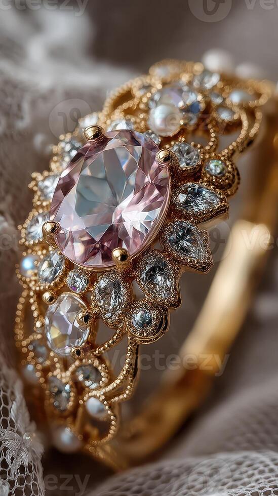 Elegant vintage gold ring adorned with pink gemstone and intricate detailing photo