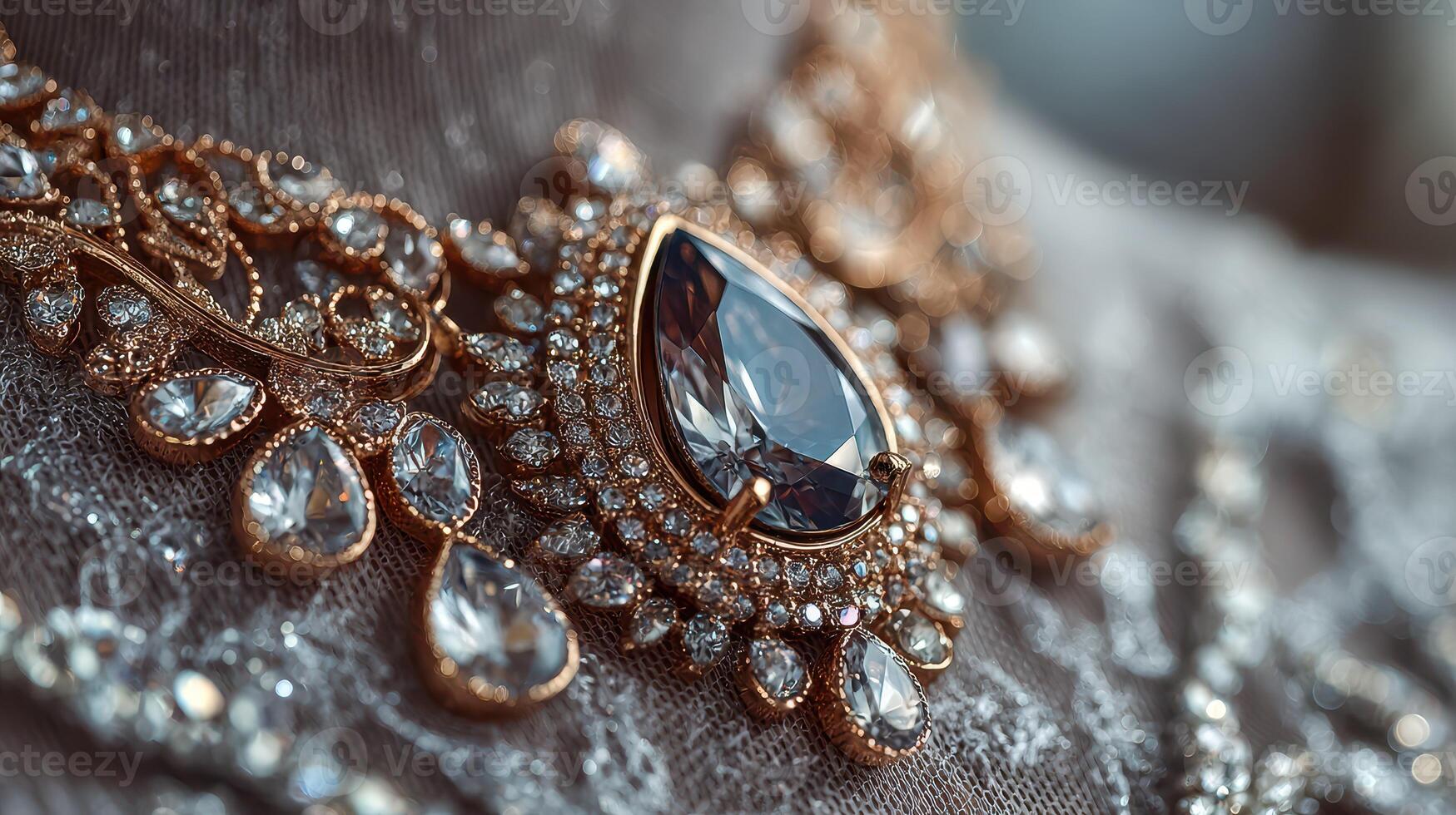 Intricate jewelry piece featuring sparkling gemstones displayed on elegant fabric photo