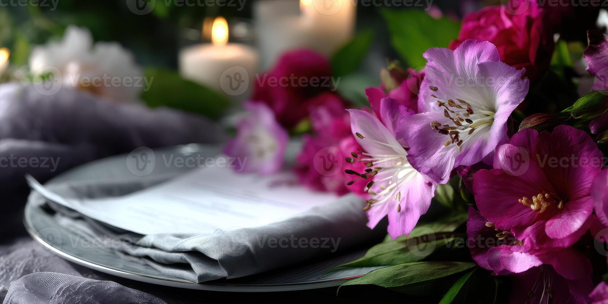 Elegant table setting with fresh flowers and candles for a special occasion dinner party in the evening photo
