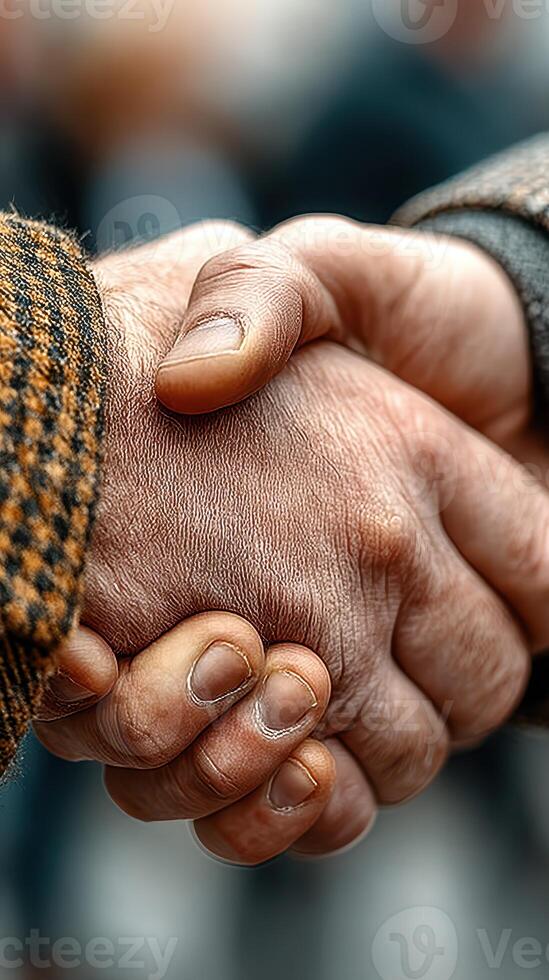 Two hands engage in a firm handshake in a social setting during daylight hours photo