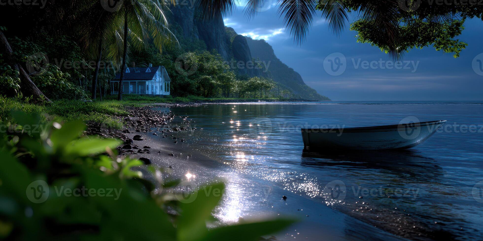 Serene coastal view with a small boat near a tropical house surrounded by tall mountains at twilight photo