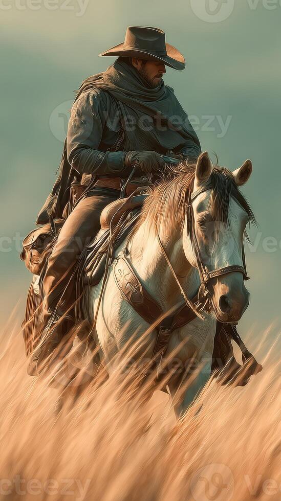 Cowboy riding a white horse through golden grasslands during sunset in the western countryside photo