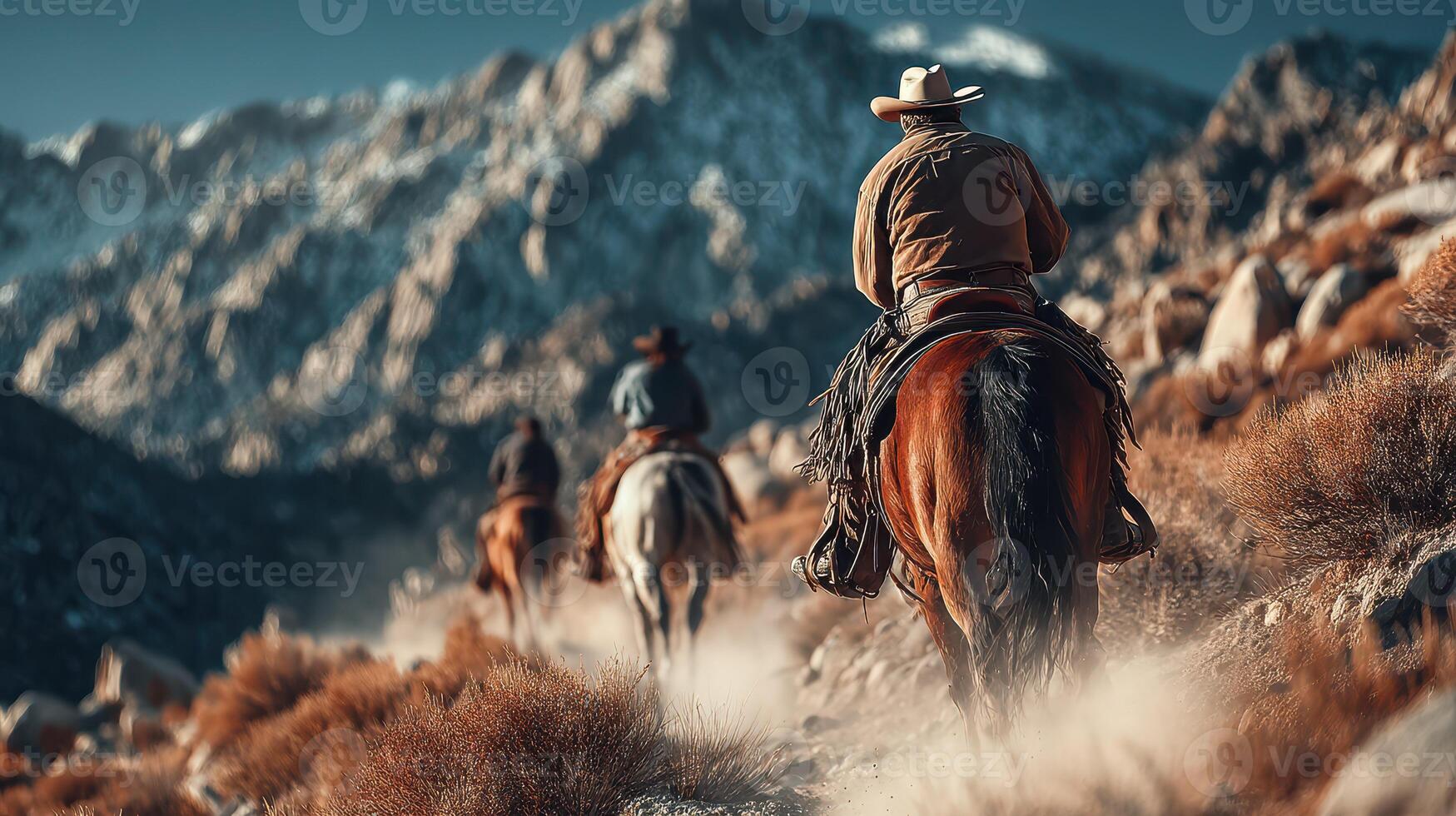 Cowboys riding horses through a mountainous trail during a golden hour sunset in a breathtaking landscape photo