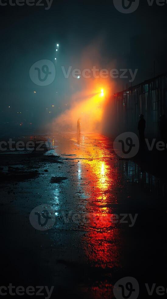 Mysterious figure walks on wet pavement illuminated by warm light in a foggy urban setting at night photo