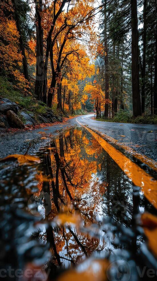 Autumn foliage creates vibrant reflections along winding road in a forest during early morning light photo