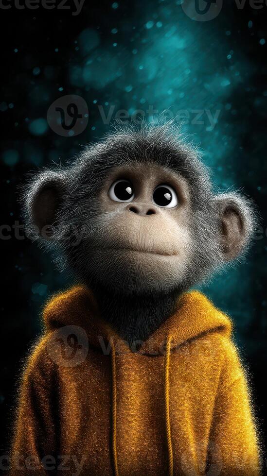 Monkey character wearing a hoodie looks up with curiosity in a vibrant background photo