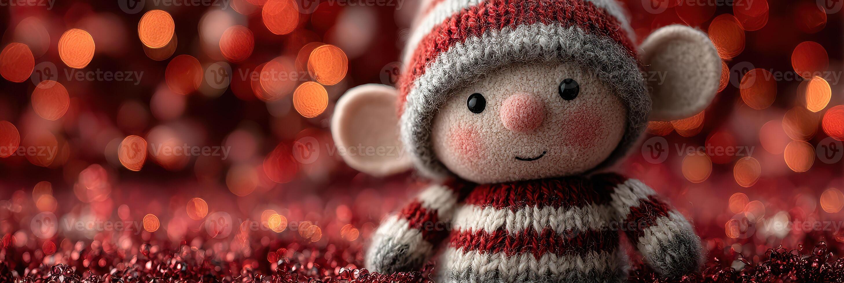 Cheerful knitted elf doll with striped sweater among sparkling holiday decorations in a festive atmosphere photo