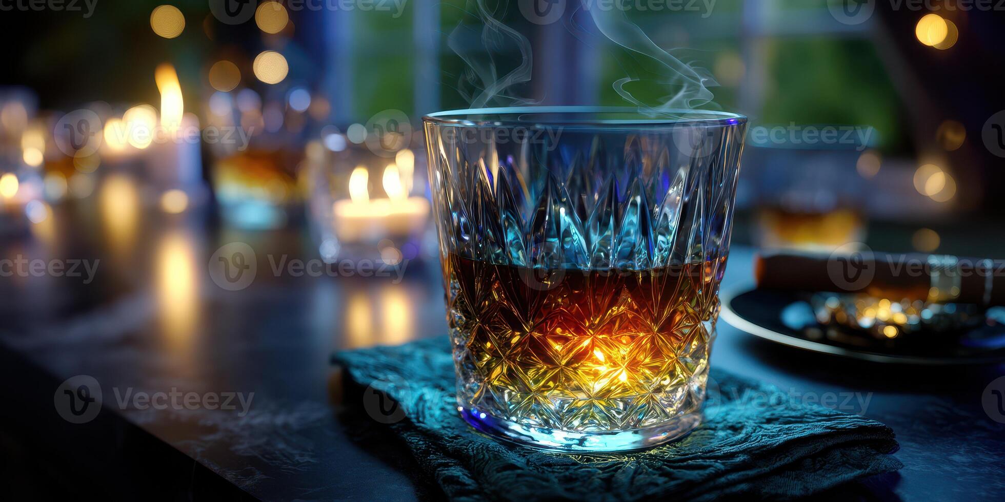 Cozy evening with a glass of whiskey and ambient candlelight in a warm setting photo