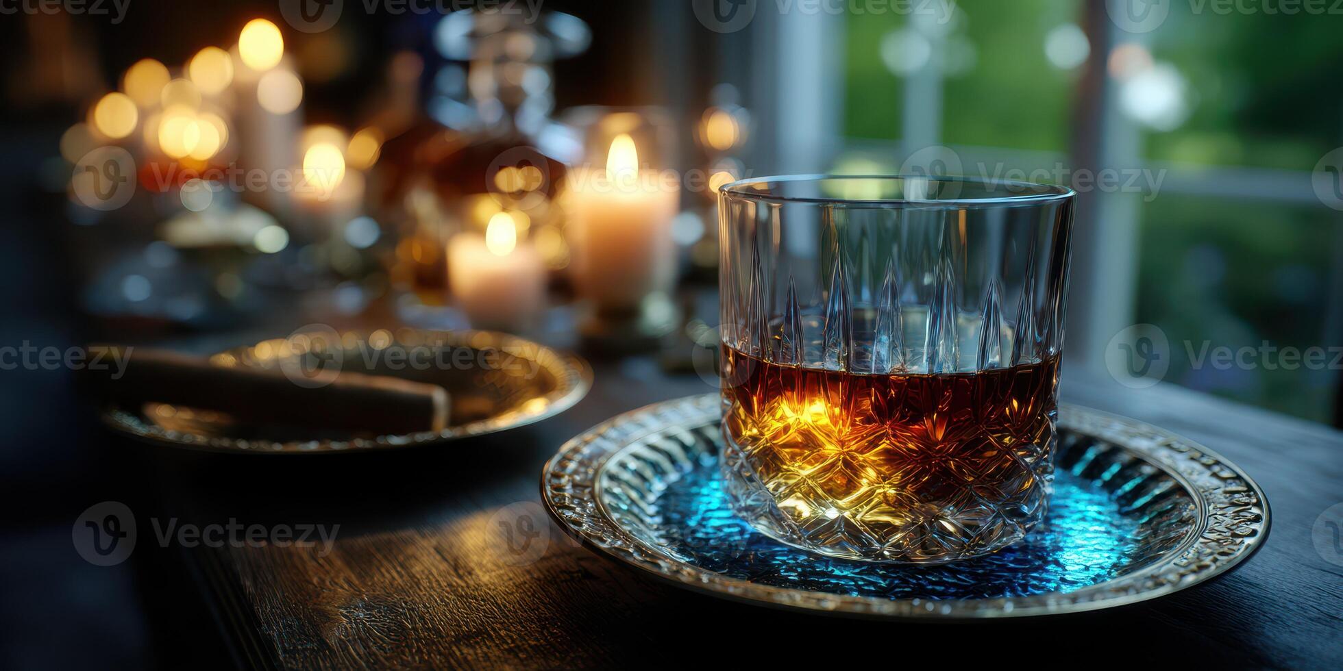 Warm amber drink sits elegantly on a decorative plate beside glowing candles in a cozy dimly lit room photo