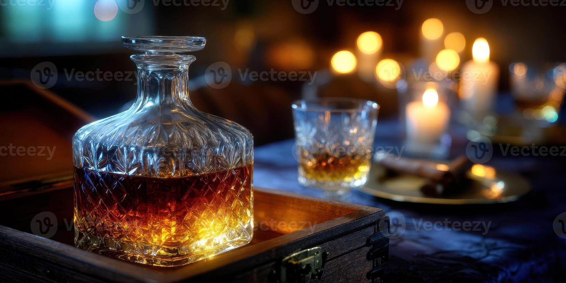 Elegant whiskey decanter glows warmly in cozy candlelit setting, creating inviting atmosphere for intimate gathering or celebration photo
