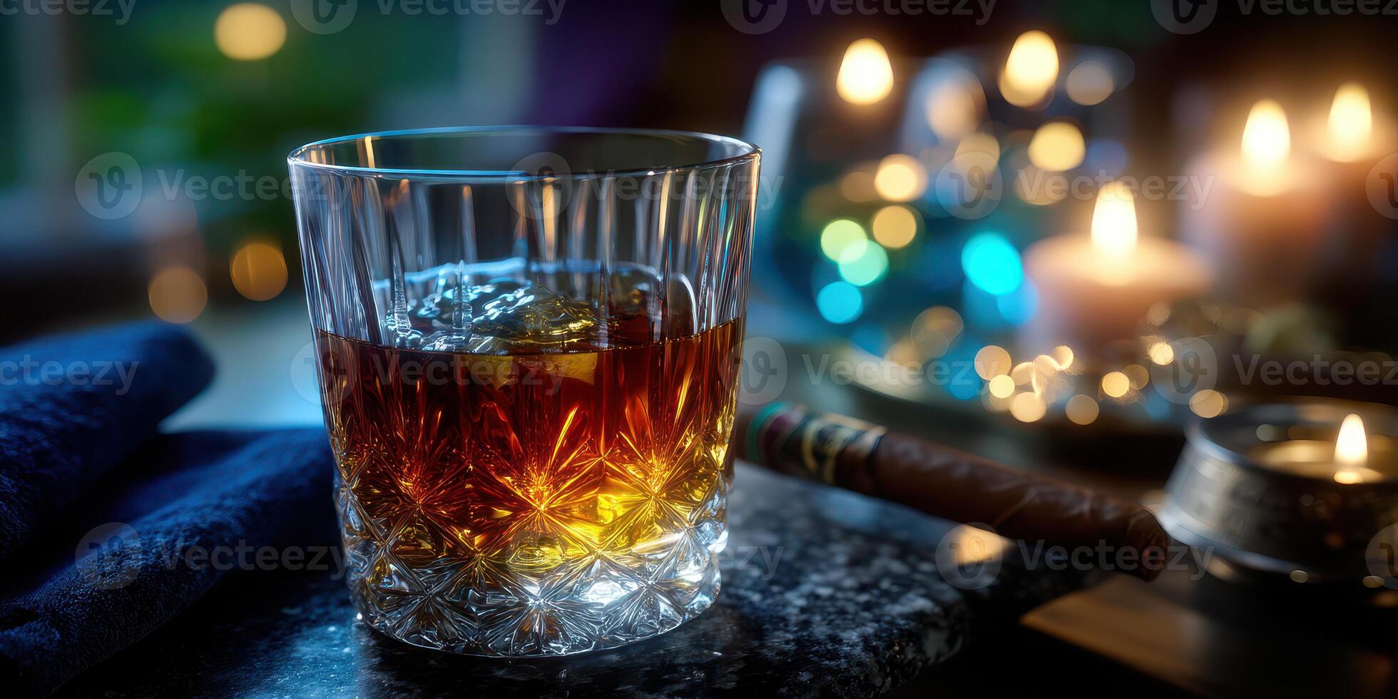 Whiskey in a crystal glass beside a lit cigar and candles on a dark countertop at night photo
