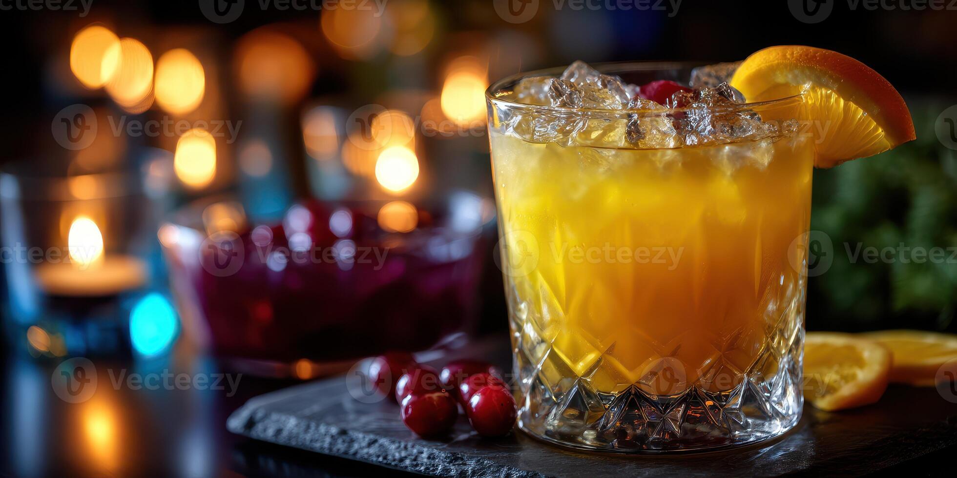Refreshing cocktail with citrus and cherries served in a chic bar setting during evening hours photo